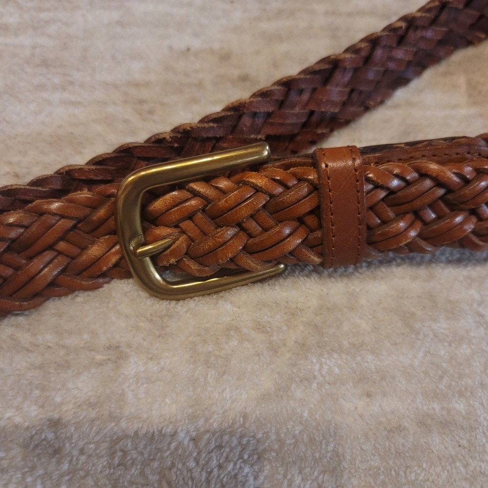 VTG Fossil Genuine Leather Braided Belt Brass Buckle Size L Women - Picture 3 of 3